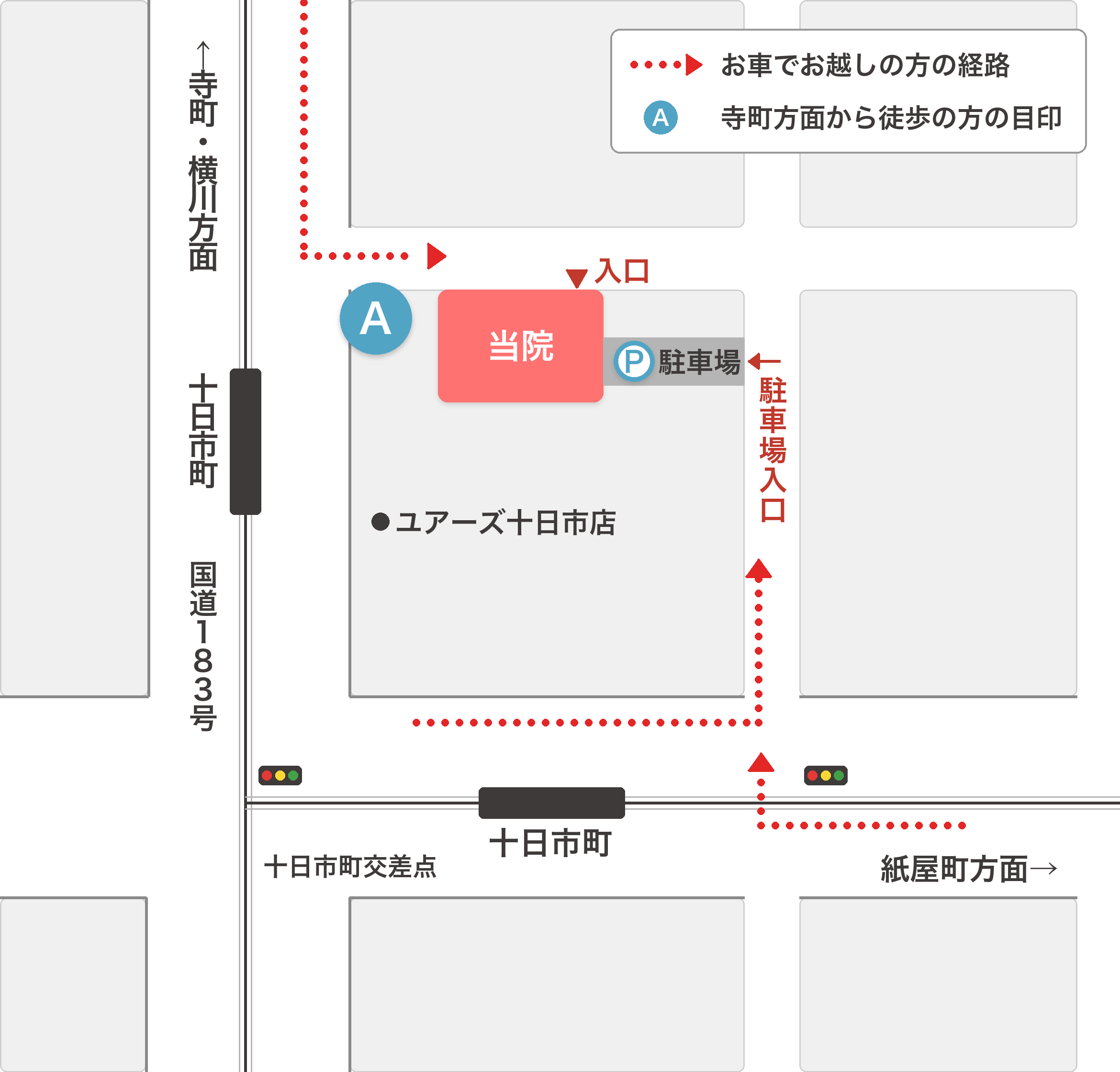 梶山内科の周辺案内図。当院のとなりに駐車場（4台）があります。近くにユアーズ十日市店があります。お車での進入経路を赤い矢印で示しています。